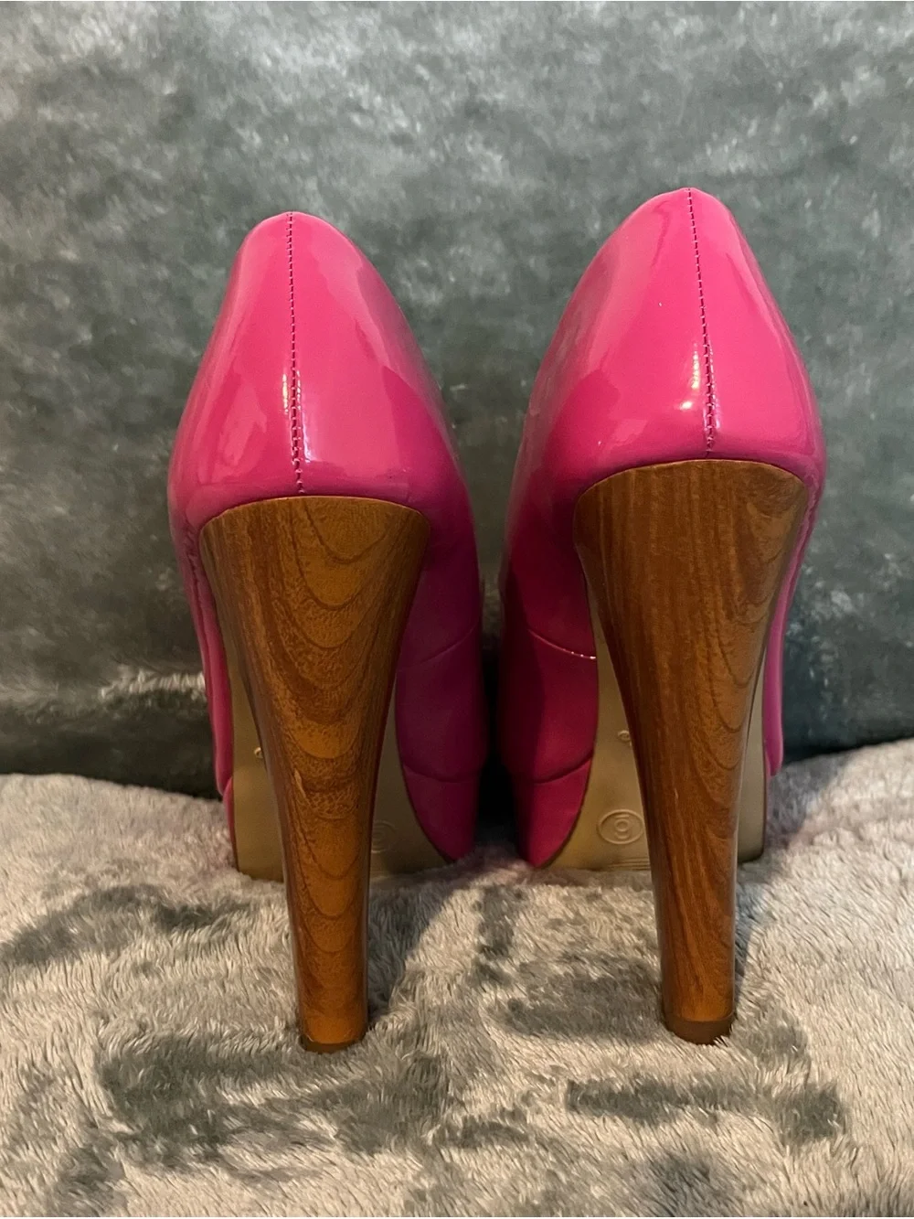 Fuchsia Patent Peep-Toe Platform Pumps by city streets